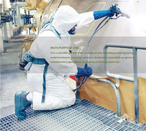 Pack Of 5 3XL Disposable Protective Coveralls With Hood And Elastic Cuffs For Spray Painting And Cleaning Work in use