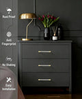 Dark dresser with Beefy 6.3 Inch Cabinet Pulls Set Of 10 Gold And Nickel Knurled Brushed Finish, lamp and vase on top