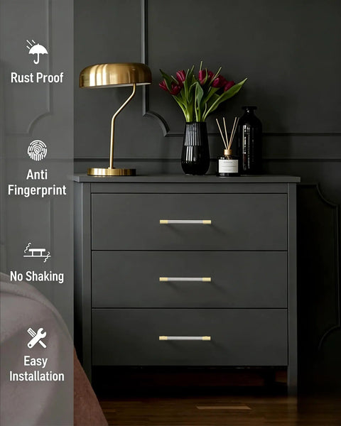 Dark dresser with Beefy 6.3 Inch Cabinet Pulls Set Of 10 Gold And Nickel Knurled Brushed Finish, lamp and vase on top