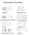Diagram showing various machining processes like threading, key way cutting, and snap ring grooves on shafts.