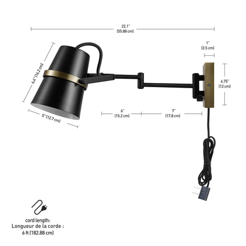 Dope Modern Industrial Swing Arm Wall Sconce In Matte Black With Brass Accents Plug In Or Hardwire 6ft Woven Fabric Cord