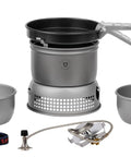 Ultralight Hard Anodized Stove Kit with dual 1L pans, nonstick frying pan, wind shields, compact carry case for camping.