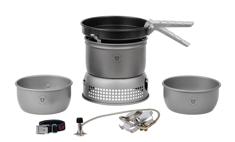 Ultralight Hard Anodized Stove Kit with dual 1L pans, nonstick frying pan, wind shields, compact carry case for camping.