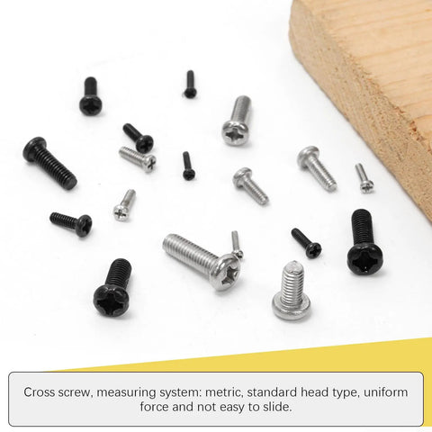 Various black and silver screws from the Top Shelf Assorted Metric Micro Screw Kit Packing 1200 Phillips Pan Head Fasteners.