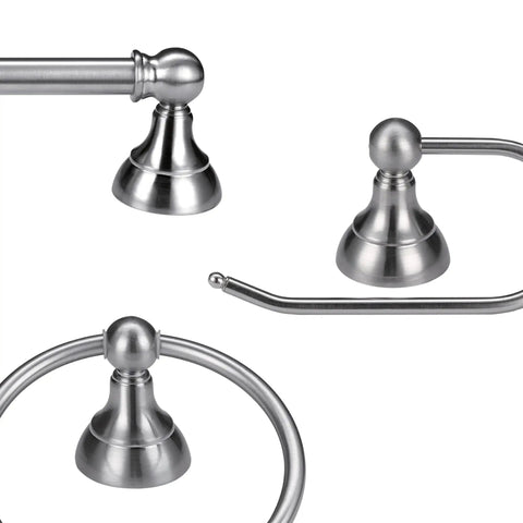 Jayden Five Piece All In One Bathroom Set Satin Nickel Three Light Vanity Light With White Opal Glass Shades Towel Bar Toilet Paper Holder Towel Ring And Robe Hook Easy Install Modern Bathroom Upgrade