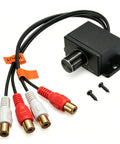 Universal RCA Level Controller With Audio Bass And Volume Control Knob, compact wired module with RCA connectors.