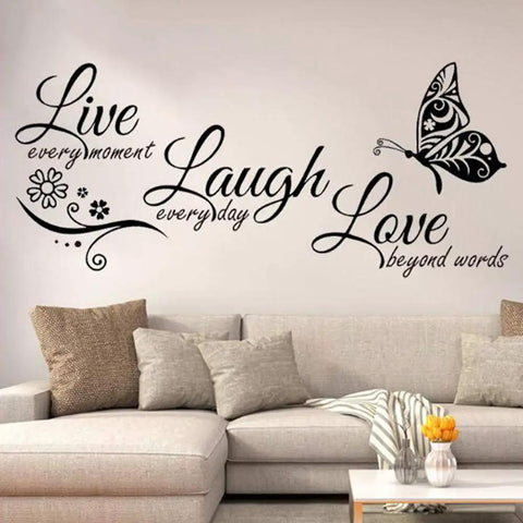 Live Every Moment Laugh Every Day Love Silent Wall Sticker Black PVC Non Toxic Family Inspirational Wall Art above a couch