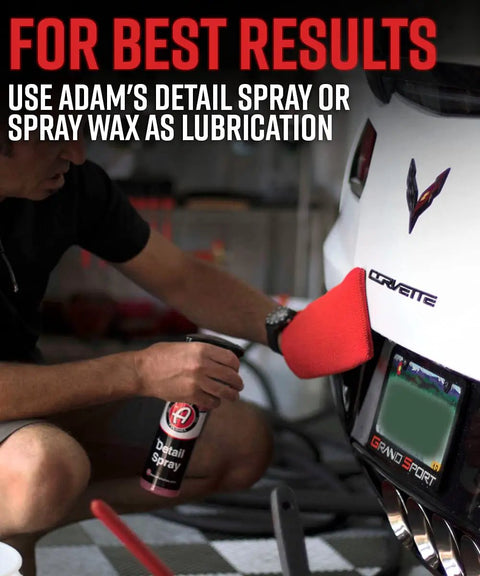 Person using Clay Mitt Combo For Lightning Fast Car Detailing: Detail Spray Lubricant And Medium Grade Clay Mitt on car bumper