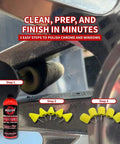 Front view of Renegade Pro Red Liquid Metal Polish bottle with yellow 1/8-inch foam polishing cones for wheel drill-attachment kit
