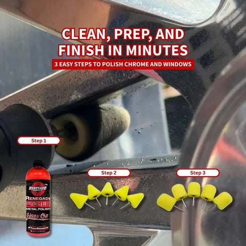 Front view of Renegade Pro Red Liquid Metal Polish bottle with yellow 1/8-inch foam polishing cones for wheel drill-attachment kit
