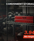 Beefy 1100 Lbs Motorcycle Scissor Lift Jack With Height Adjustable Range Rubber Top Surface And Safety Pin, compactly stored.