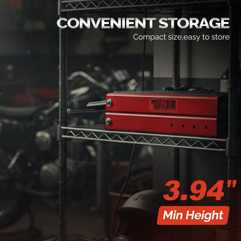Beefy 1100 Lbs Motorcycle Scissor Lift Jack With Height Adjustable Range Rubber Top Surface And Safety Pin, compactly stored.