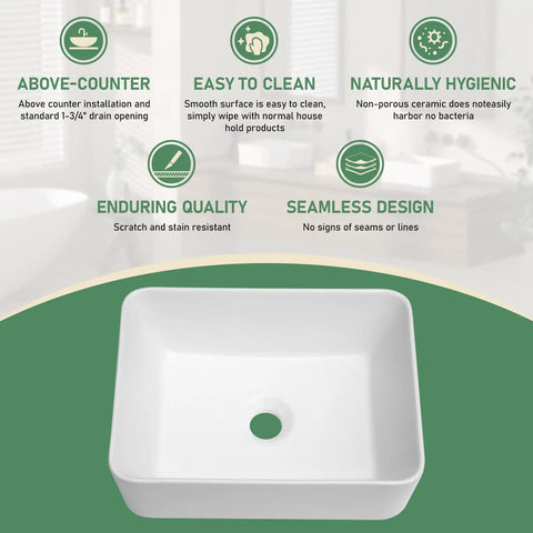 Round Vessel Sink 16x16 Inch White Porcelain Ceramic Above Counter Vanity Basin, Slick Dope Modern European Style for bathrooms diagram
