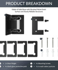 Product breakdown showing Heavy Duty 90 Degree Glass Shower Door Hinges in Solid Brass Black Finish Replacement Hardware with accessories.