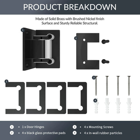 Product breakdown showing Heavy Duty 90 Degree Glass Shower Door Hinges in Solid Brass Black Finish Replacement Hardware with accessories.