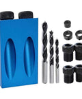 15 Degree Pocket Hole Joinery Kit With 6/8/10mm Drive Adapters for woodworking, featuring blue jig and drill bits