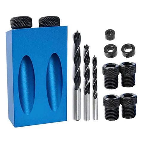 15 Degree Pocket Hole Joinery Kit With 6/8/10mm Drive Adapters for woodworking, featuring blue jig and drill bits