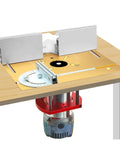 Universal Aluminum Router Table Insert Flip Plate with pre drilled base and miter gauge fence on wooden table.