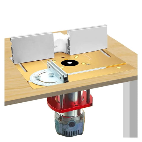 Universal Aluminum Router Table Insert Flip Plate with pre drilled base and miter gauge fence on wooden table.
