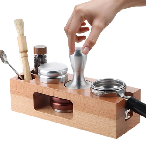 Rock Solid Fifty Eight Mm Espresso Tamping Station Made From Sturdy Natural Wood with espresso tools and tamper setup.