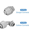 Image showing 10 straight connectors and 10 elbow connectors from Twenty Pack Three Quarter Inch NPT PVC Liquid Tight Conduit Connectors Flexible 180 Degree And 90 Degree Tube Fittings For Indoor And Outdoor Electrical Wiring Projects.