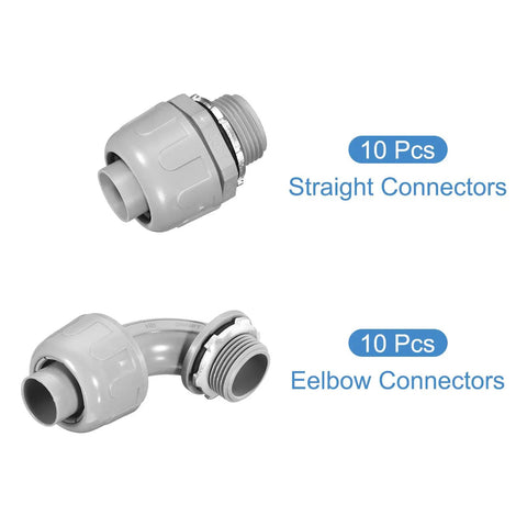 Image showing 10 straight connectors and 10 elbow connectors from Twenty Pack Three Quarter Inch NPT PVC Liquid Tight Conduit Connectors Flexible 180 Degree And 90 Degree Tube Fittings For Indoor And Outdoor Electrical Wiring Projects.