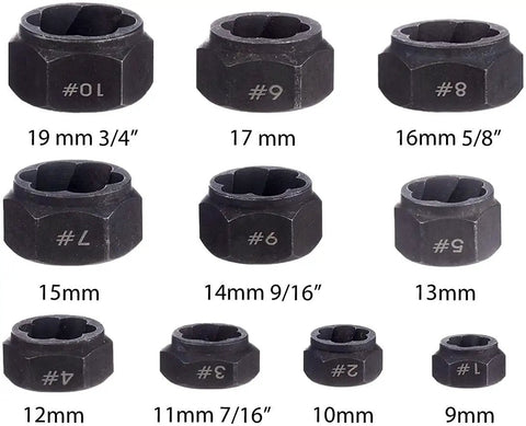 10 Piece Nut Remover And Bolt Extractor Set Easy Out Tools 9mm To 19mm on display showing different sizes in black chrome vanadium steel