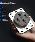 Hand holding Beefy 50 Amp EV Outlet 14 50R Receptacle For 240V Level 2 Charging showcasing NEMA 14-50R design