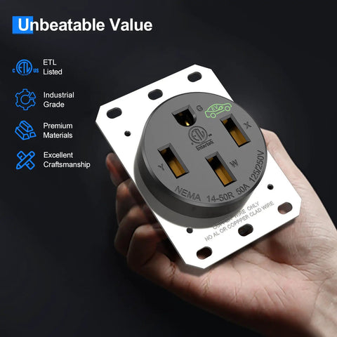 Hand holding Beefy 50 Amp EV Outlet 14 50R Receptacle For 240V Level 2 Charging showcasing NEMA 14-50R design