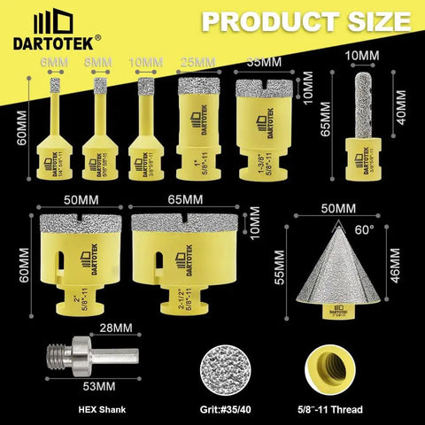 Tile Hole Saw Drill Bits Set 10 Piece For Porcelain Ceramic Granite Marble And Masonry Includes Core Bits Enlarging Bits Chamfer Bit With 6 8 10 25 35 50 65 mm Sizes And 10 mm Hex Shank For Diy Home Projects