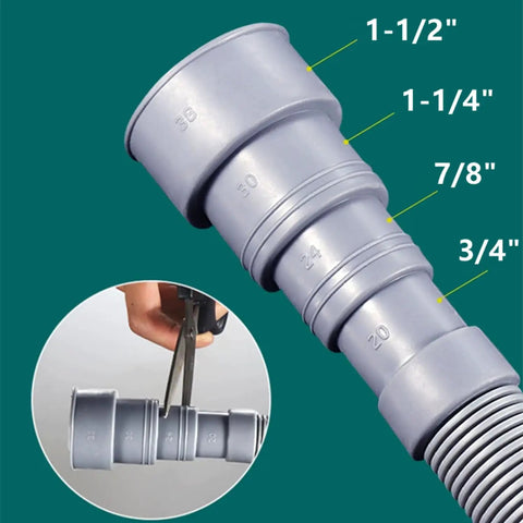 16.4 Ft Universal Washing Machine Drain Hose Extension Kit for Washer and Dishwasher showing connection heads with measurements.