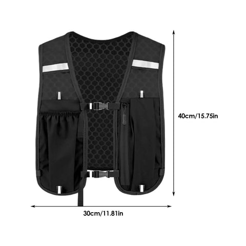 Black lightweight hydration vest for runners with adjustable chest straps, stable bladder, breathable mesh, and quick refill access.