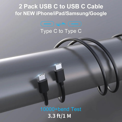Two Pack Dual 45W PD USB C Car Charger With 90W Total Output on a metal bar, includes 3.3 ft Type C cord showing durability