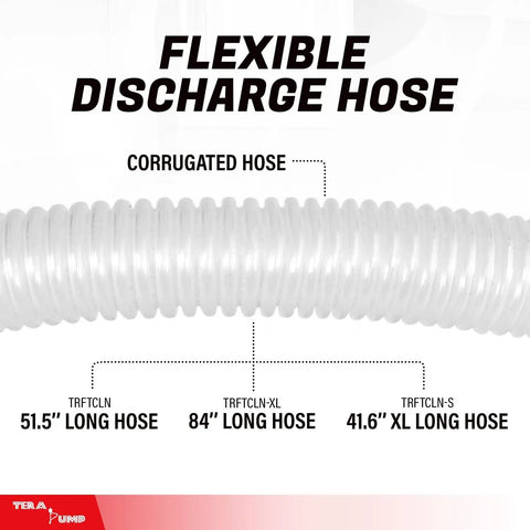 Three-In-One Aquarium Siphon Pump Bundle With Gravel Vacuum, Manual Water Changer, And Long Hose For Nano, Standard, And Large Tanks, Includes Gravel Filter showing flexible corrugated discharge hose with various lengths labeled.