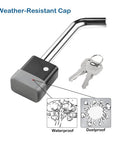 Trailer Hitch Receiver Lock Padlock Style With Swivel Head Five Eighths Inch Bent Pin Fits Class Three And Four Two And A Half Inch Receivers Ideal For Bike Rack Tray Ball Mount Tow Truck Car Boat RV Lock It Down shown with weather-resistant cap and keys