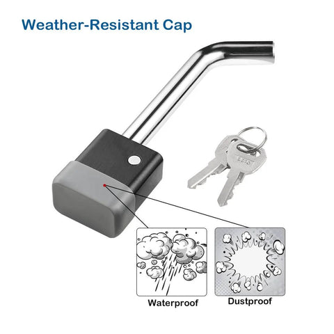 Trailer Hitch Receiver Lock Padlock Style With Swivel Head Five Eighths Inch Bent Pin Fits Class Three And Four Two And A Half Inch Receivers Ideal For Bike Rack Tray Ball Mount Tow Truck Car Boat RV Lock It Down shown with weather-resistant cap and keys