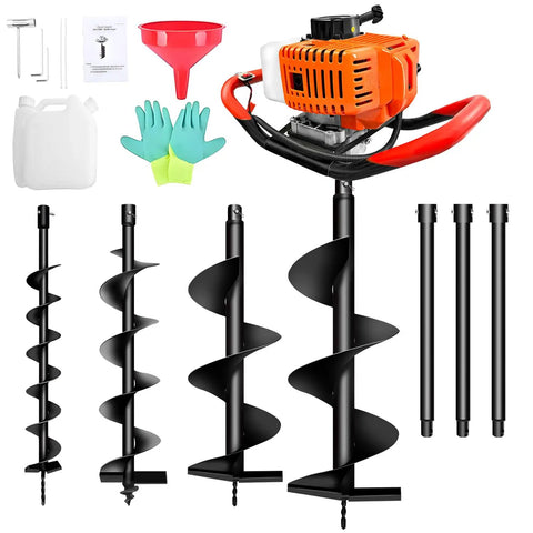 Gas Powered 62cc Auger Post Hole Digger With Three Drill Bits 3 Inch 5 Inch 8 Inch And Three 24 Inch Extensions For Quick Fence Posts, Trees, Orchard, Farm And Garden Projects