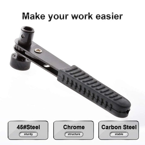 Solid Right Angle Mini Ratchet Wrench 1/4 Inch Dual Drive Head With Hex Socket Adapter, black handle and sturdy steel design.