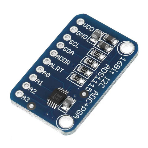16-Bit I2C ADC Development Board For Microcontrollers, high-resolution analog to digital converter module with soldered pins, top view