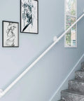Adjustable Wrought Iron Handrail For Stairs White Galvanized Banister mounted along a light blue wall, providing a safety rail.