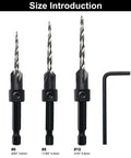 GMTOOLS countersink drill bit set, 3 pcs, M2 HSS, 1/4 in hex shank, sizes 9/64, 11/64, 3/16, Allen wrench