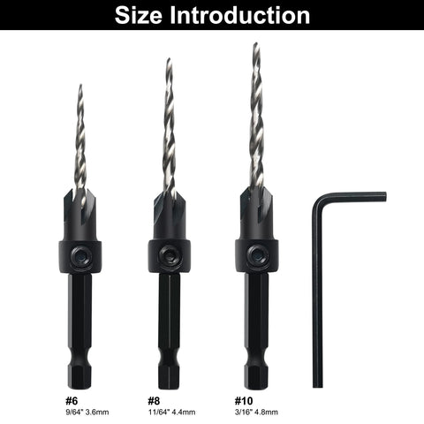 GMTOOLS countersink drill bit set, 3 pcs, M2 HSS, 1/4 in hex shank, sizes 9/64, 11/64, 3/16, Allen wrench