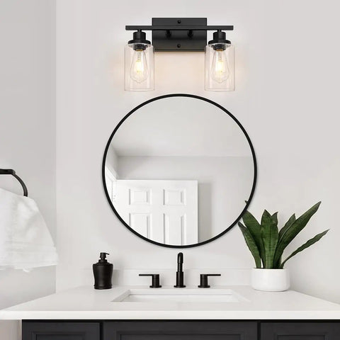 Two Light Black Vanity Lights For Bathroom Over Mirror With Clear Glass Shades And Metal Bases Modern Industrial Wall Sconces