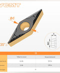 Technical diagram of VCMT221 1/4 Inch Inscribed Circle CNC Lathe Turning Carbide Insert, showing dimensions and 7° relief angle.