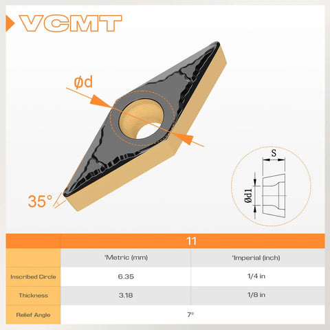 Technical diagram of VCMT221 1/4 Inch Inscribed Circle CNC Lathe Turning Carbide Insert, showing dimensions and 7° relief angle.