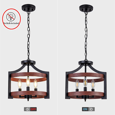 Convertible Three Light Farmhouse Chandelier with Pendant or Semi Flush Mount Ceiling Light on and off view
