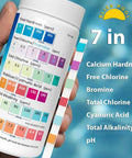 7 In 1 Pool Test Strips With App 150 Count Extra Long Strips For Chlorine Ph Alkalinity Hardness And Cyanuric Acid in hand, pool background.