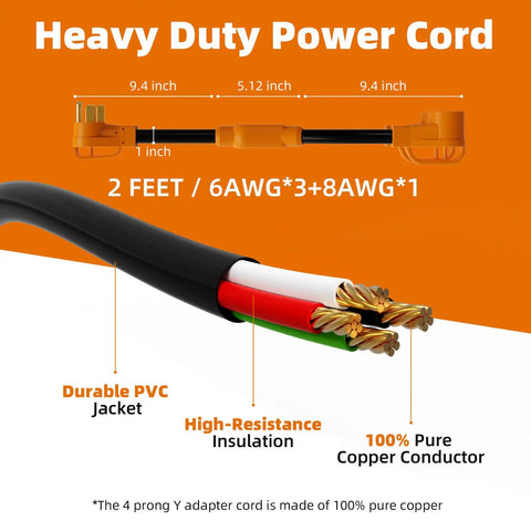 Heavy Duty 50 Amp RV EV Power Splitter Adapter Cord transforms single NEMA 14-50P plug into dual 14-50R outlets, showcasing cable construction.