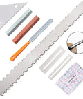 8 Piece Guitar Neck Straight Edge Kit with notched edge, fret rocker, file, action ruler, guards, grindstones, and tools.