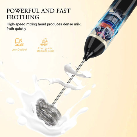 Close-up of Handheld Milk Frother USB Rechargeable Electric Foam Wand For Coffee Nerds in action with stainless steel whisk